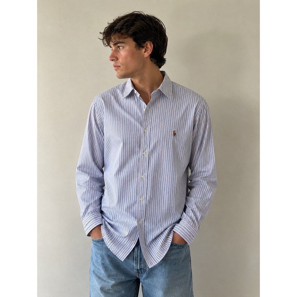 RALPH LAUREN Striped Button Down Shirt Mens 18 36/37 Blue Pink Custom Fit Prep